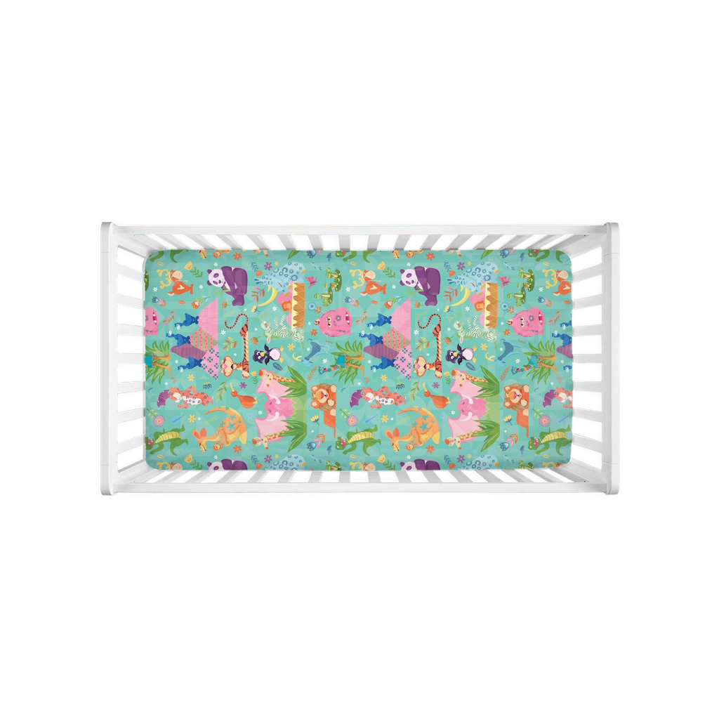 Teal It's a Small World Animal Crib Sheet