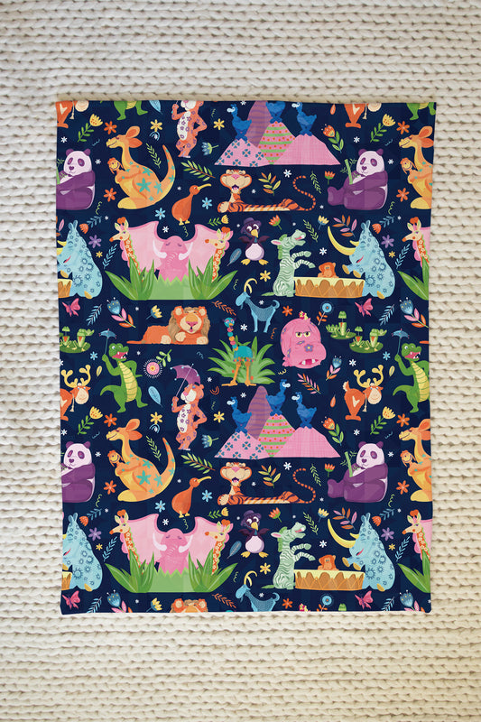 It's a Small World Animal Icons Navy Minky Blanket