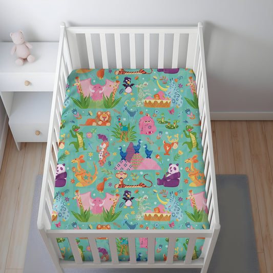 Teal It's a Small World Animal Crib Sheet