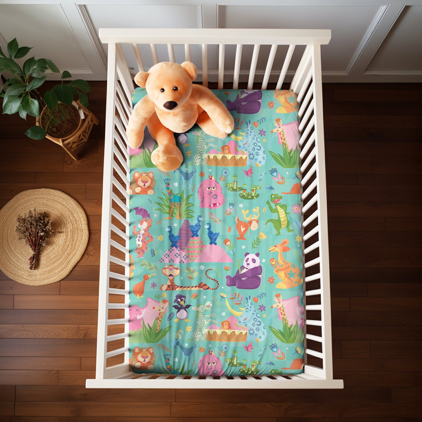 Teal It's a Small World Animal Crib Sheet